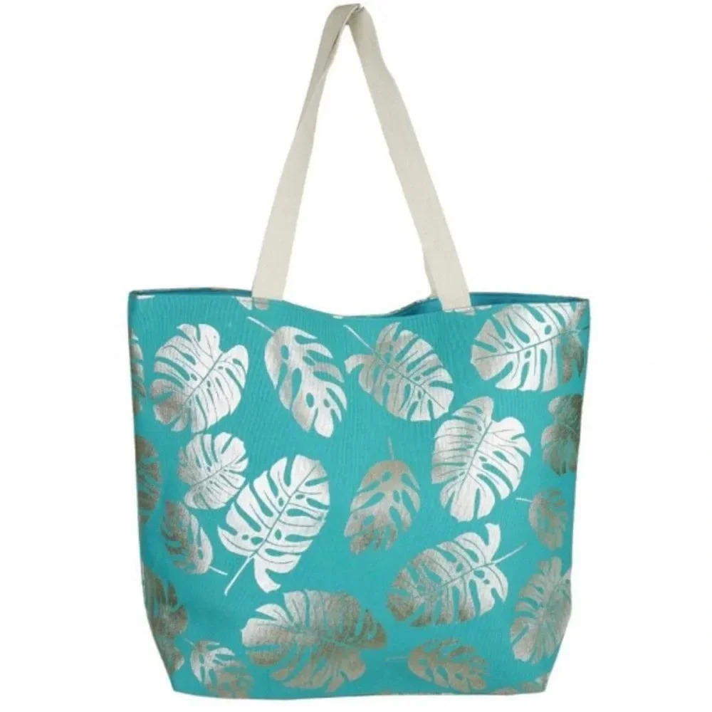Boutique NWT Metallic palm leaf canvas beach bag tropical vacation